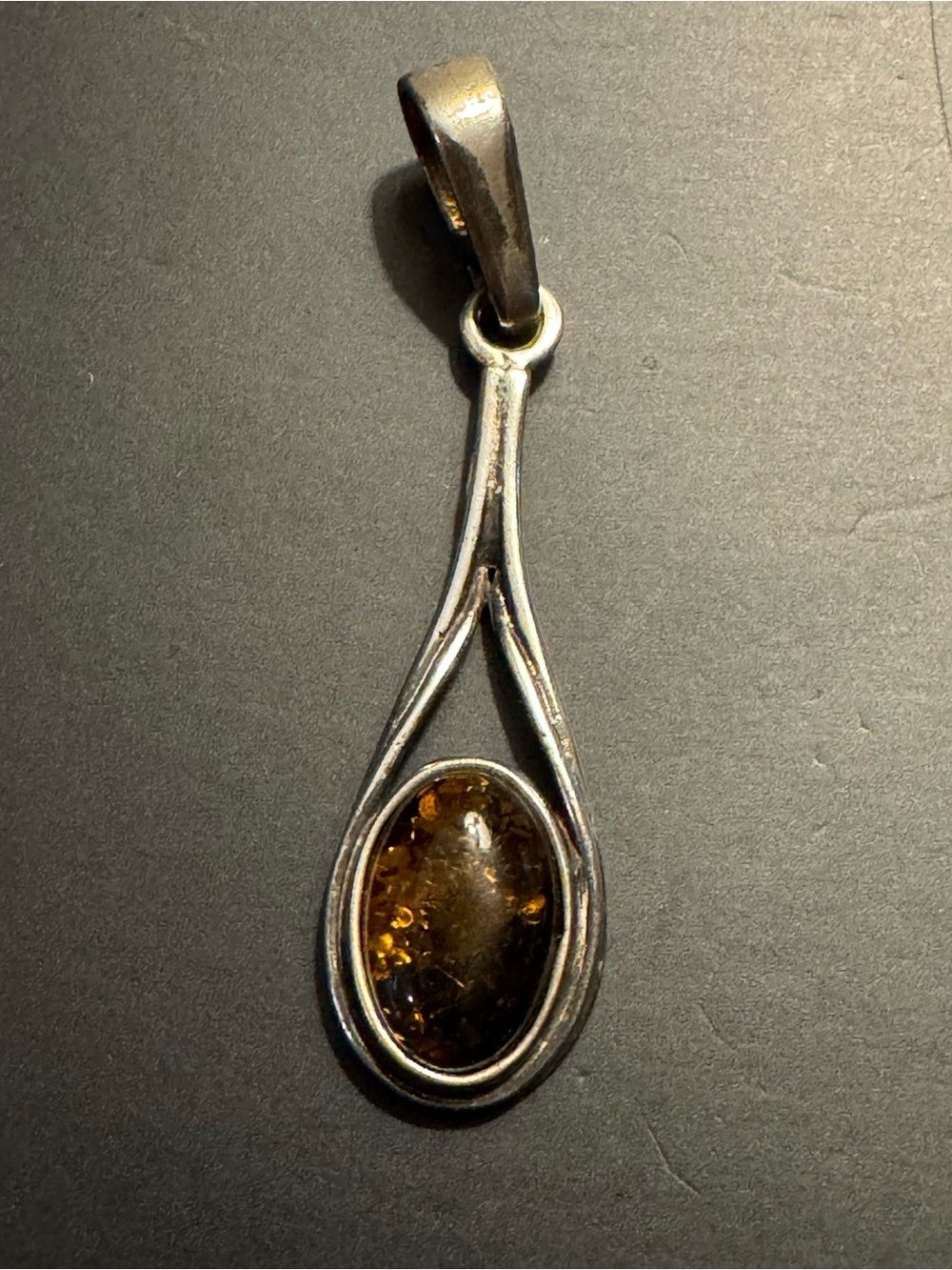 Sterling Silver Genuine Amber Teardrop Pendant - Cognac Modernist